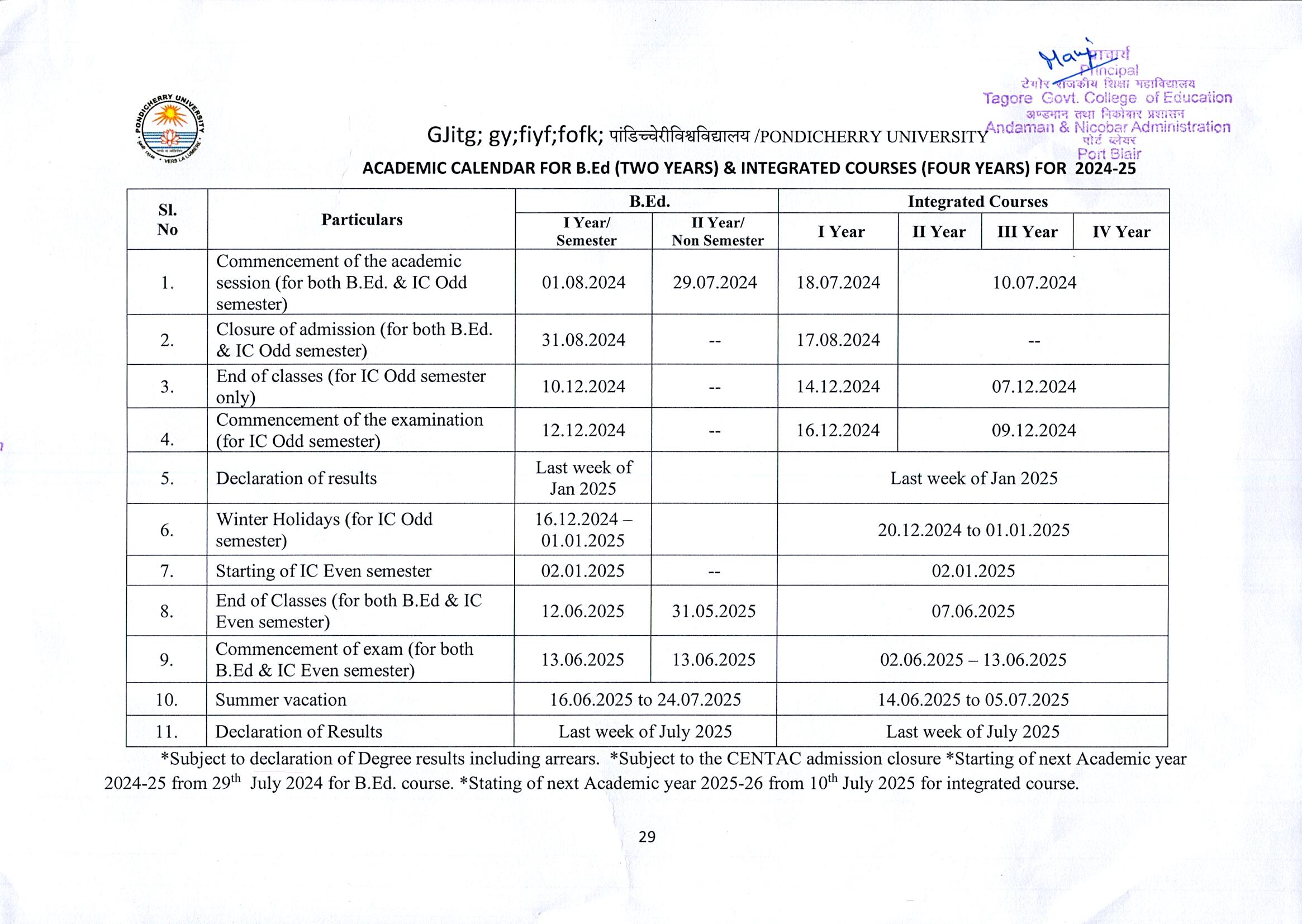 Academic Calendar